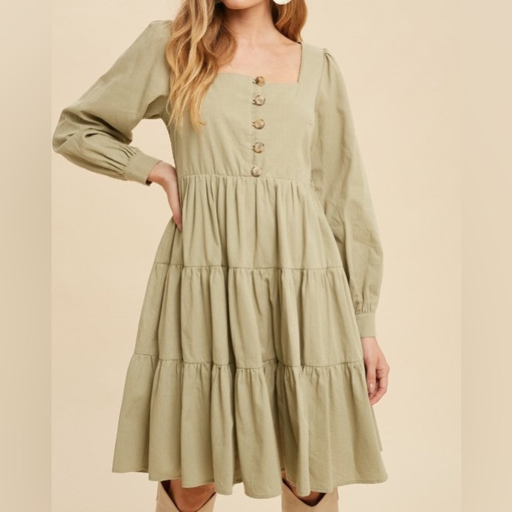 Natural Green Tiered Square Neck Mini Dress w Tortoiseshell Buttons Sizes S - L